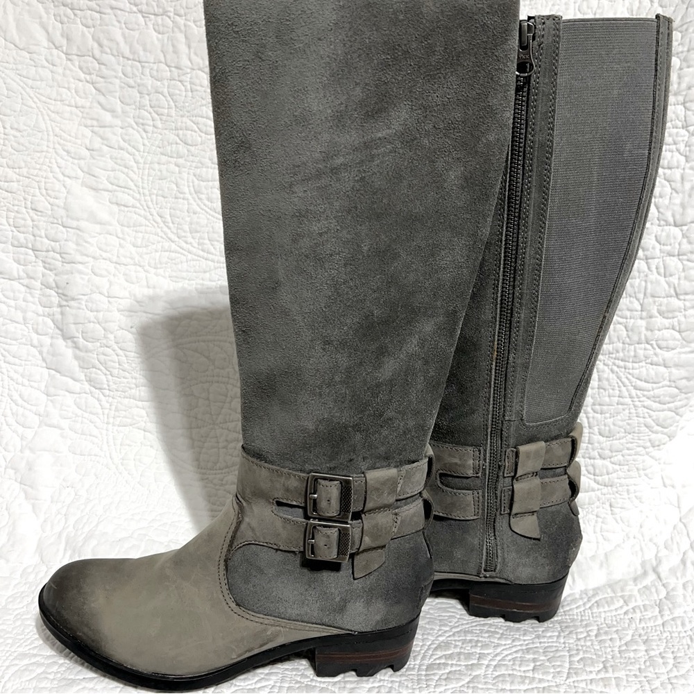 SOREL Lolla ll Waterproof Tall Distressed Grey Leather Boots, Size 7.5